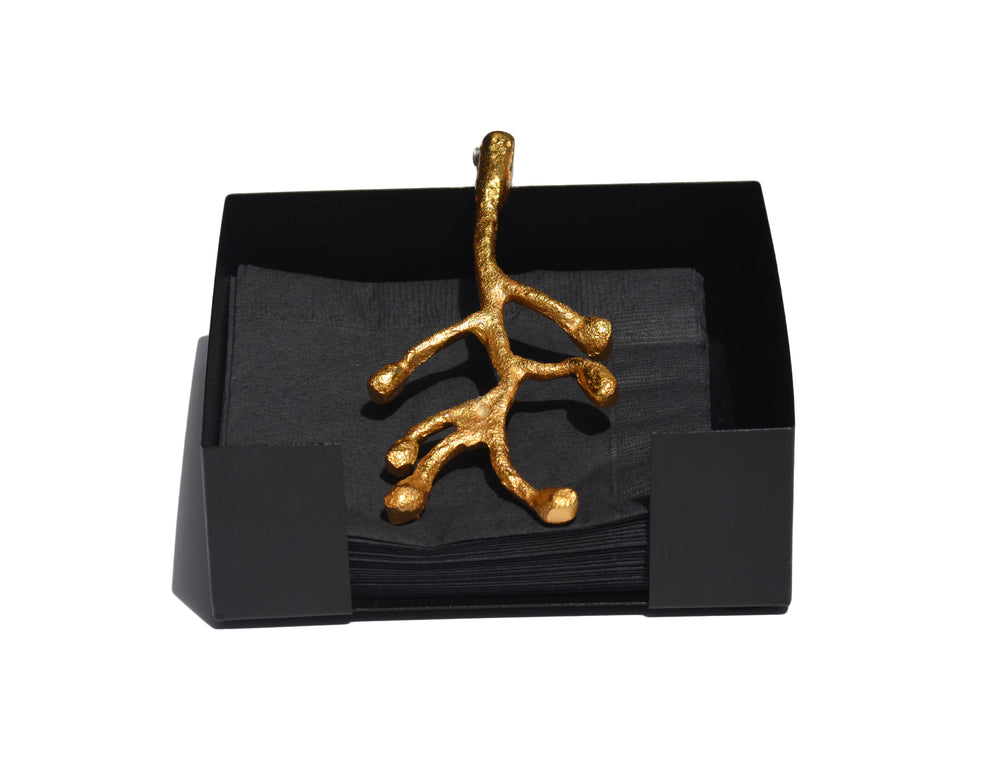 Vibhsa Golden Olive Bud Napkin Holder on dining table highlighting golden flower bud detail