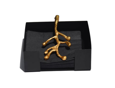 Vibhsa Golden Olive Bud Napkin Holder on dining table highlighting golden flower bud detail