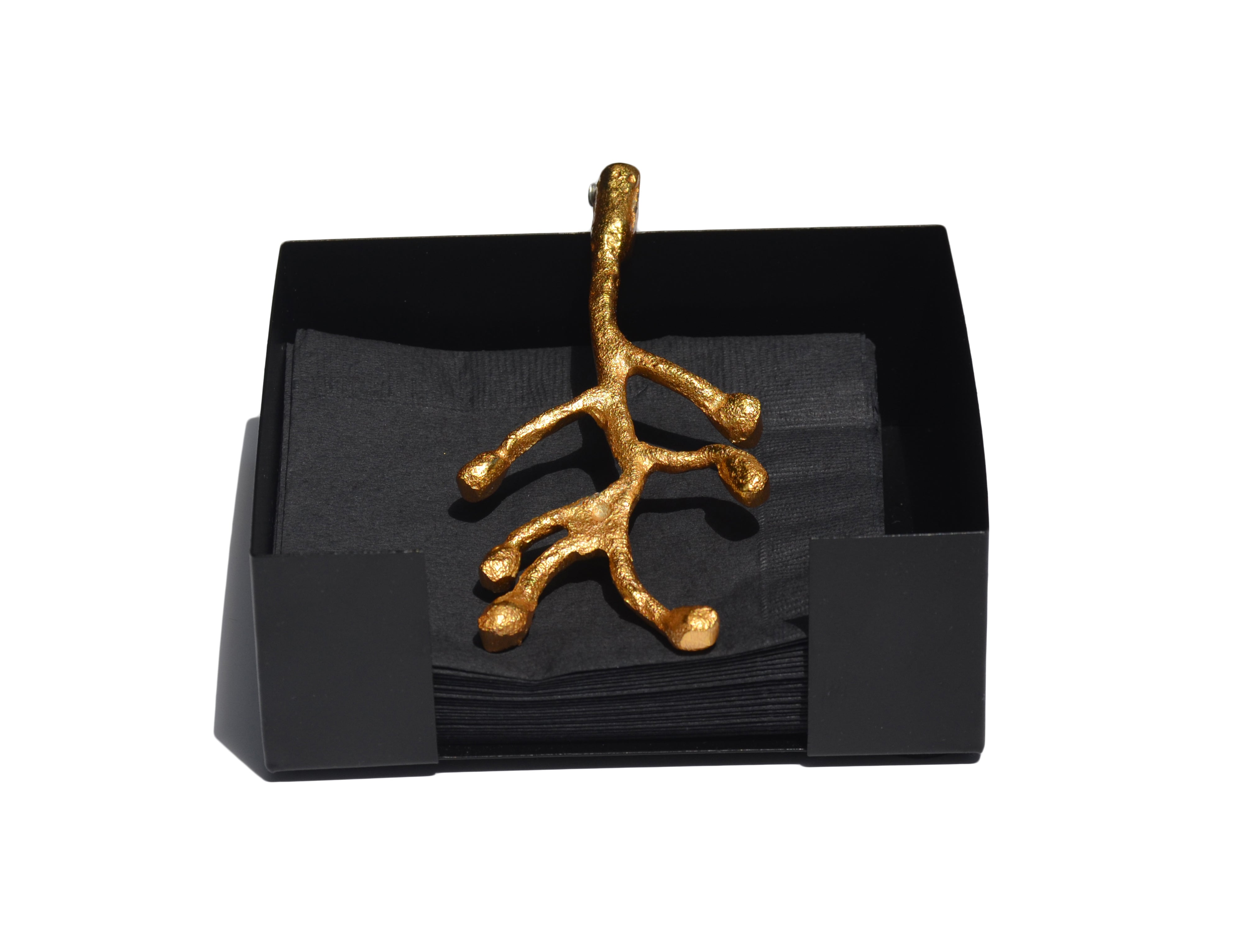 Vibhsa Golden Olive Bud Napkin Holder on dining table highlighting golden flower bud detail