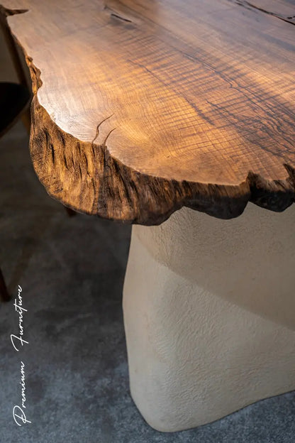 Wabi Sabi style solid walnut wood dining table with stone-inspired legs