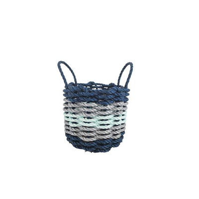 Five Stripe Rope Storage Basket in navy blue, light gray, and seafoam colors, shown in three sizes