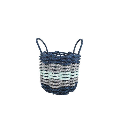 Five Stripe Rope Storage Basket in navy blue, light gray, and seafoam colors, shown in three sizes