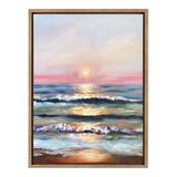 Framed canvas painting of a sunset over ocean waves, featuring pastel pink and orange sky reflected on water and white-capped waves rolling toward the shore.