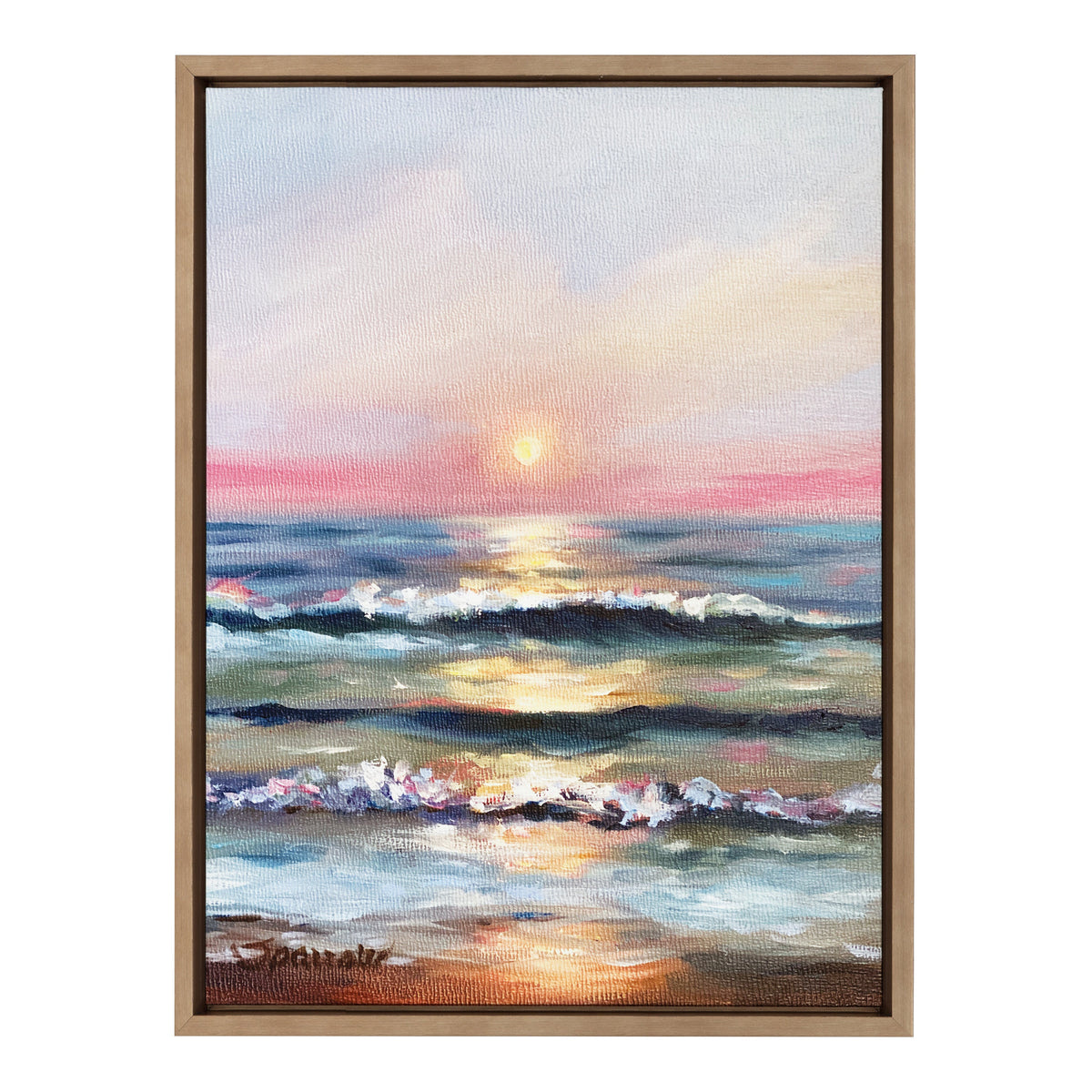 Framed canvas painting of a sunset over ocean waves, featuring pastel pink and orange sky reflected on water and white-capped waves rolling toward the shore.