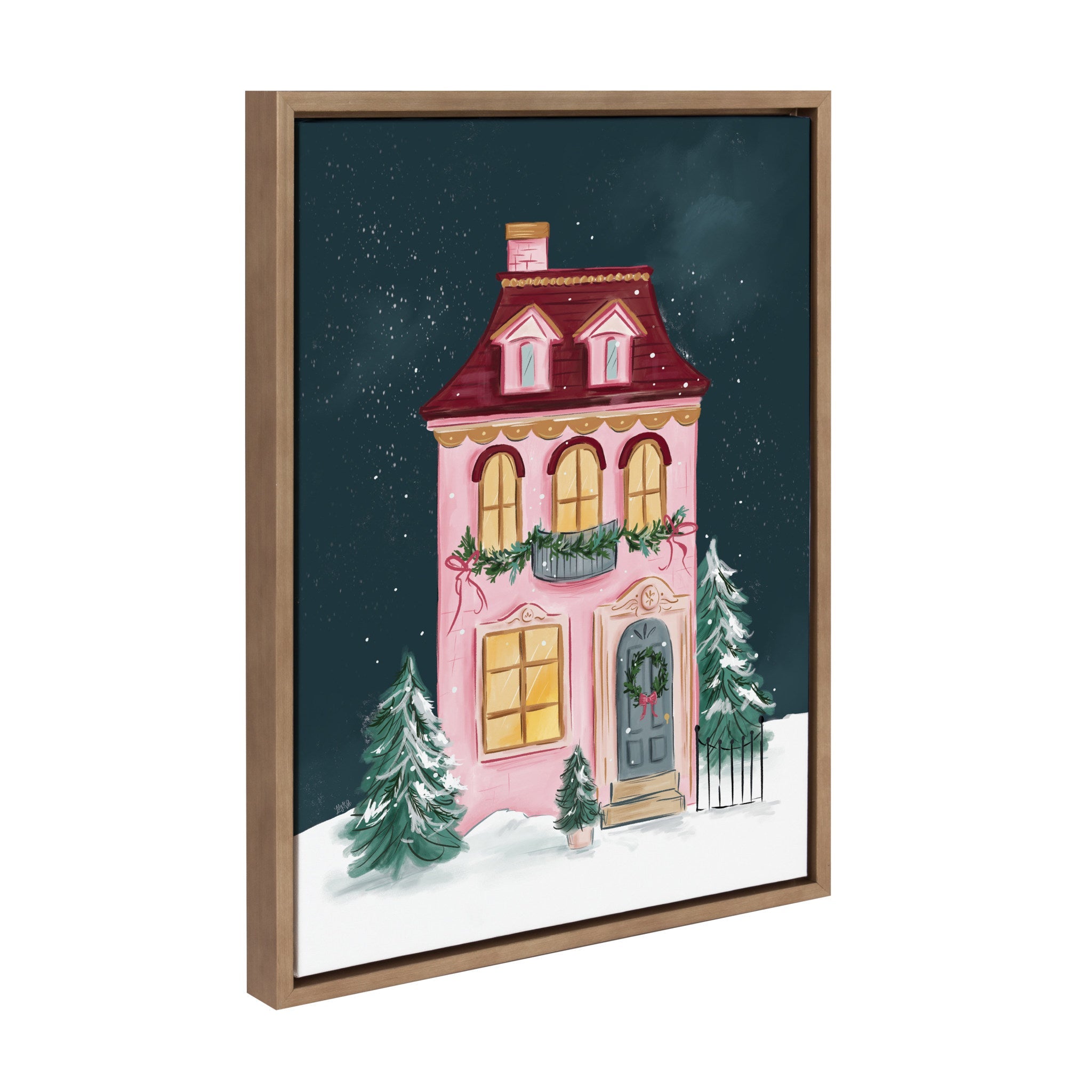 Sylvie Holiday Victorian framed canvas artwork featuring a Victorian-style house decorated for Christmas in a gold frame