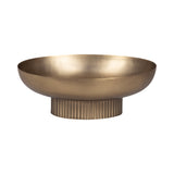 Wide shallow metal bowl with smooth finish and fluted cylindrical base in brushed brass tone, shown against a white background.