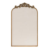 Tall arch-shaped pinboard with beige fabric surface, framed by a light wood border and topped with an ornate gold decorative applique.
