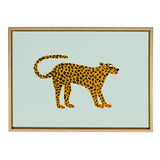 Stylized orange cheetah with black spots and pink paws on a light blue background, framed with a simple light wood frame.