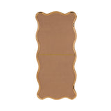 Back view of a rectangular mirror with a wavy rattan frame featuring scalloped edges and a natural light brown finish.