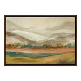 Framed canvas painting of a misty mountain landscape in muted earth tones with soft green and orange fields in the foreground and pale gray mountains fading into the sky.