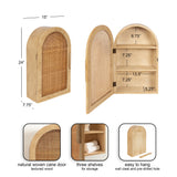Arched beige wood wall cabinet with woven cane door, three interior shelves with dimensions, and mounting hardware shown separately.