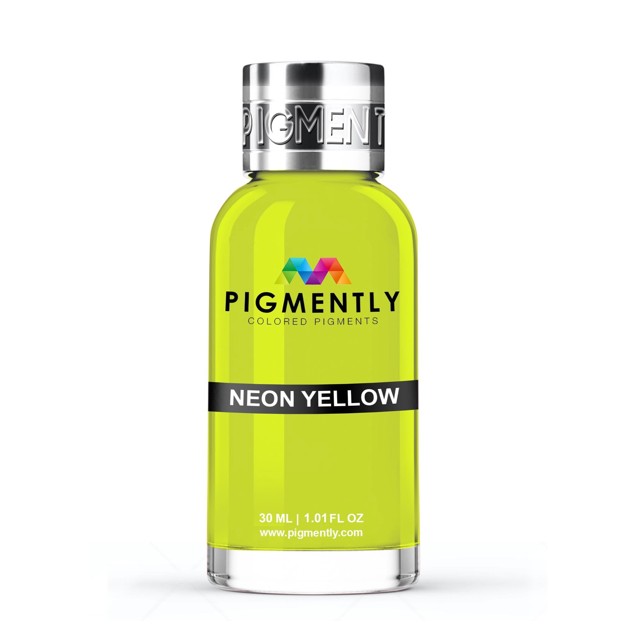 Neon yellow bottle with silver cap labeled 'Pigmently' on a white background