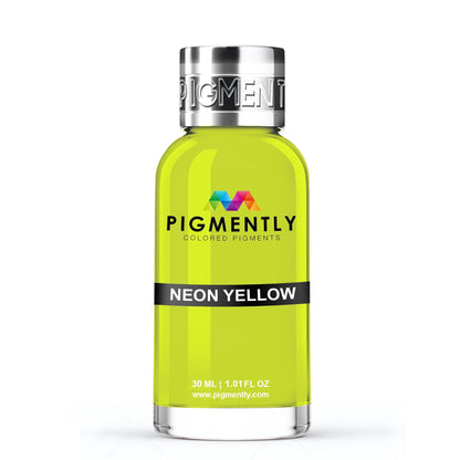 Neon yellow bottle with silver cap labeled 'Pigmently' on a white background