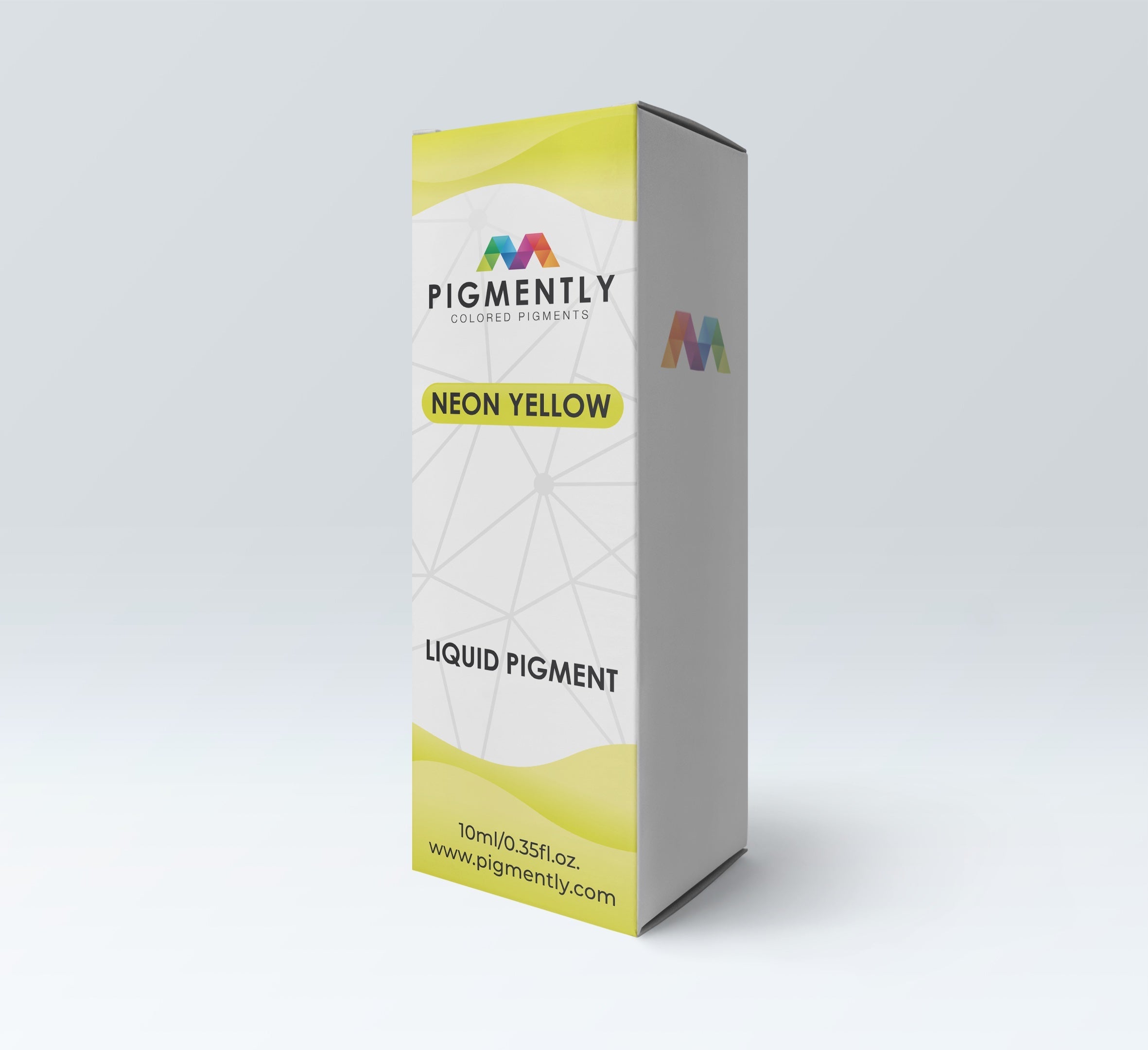 Pigmently liquid pigment packaging with neon yellow color on a white background