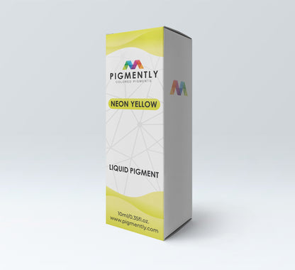 Pigmently liquid pigment packaging with neon yellow color on a white background