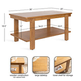Rectangular wooden coffee table with a large smooth tabletop, sturdy legs, and a lower shelf for storage in a warm natural wood finish.