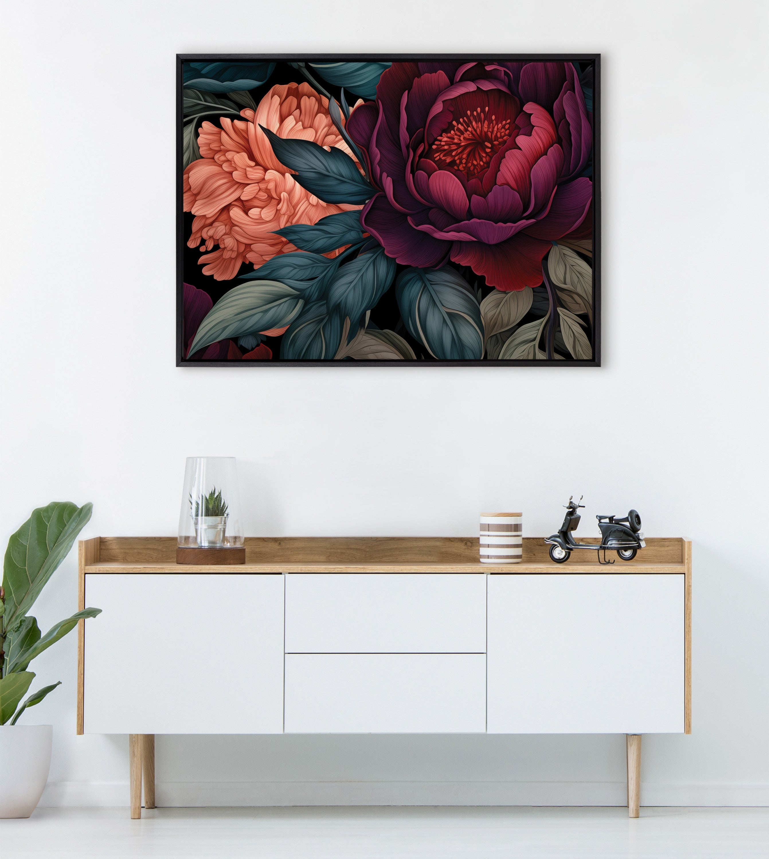 Sylvie Dark Academia Floral in Rich Jewel Tones Framed Canvas by The Creative Bunch Studio