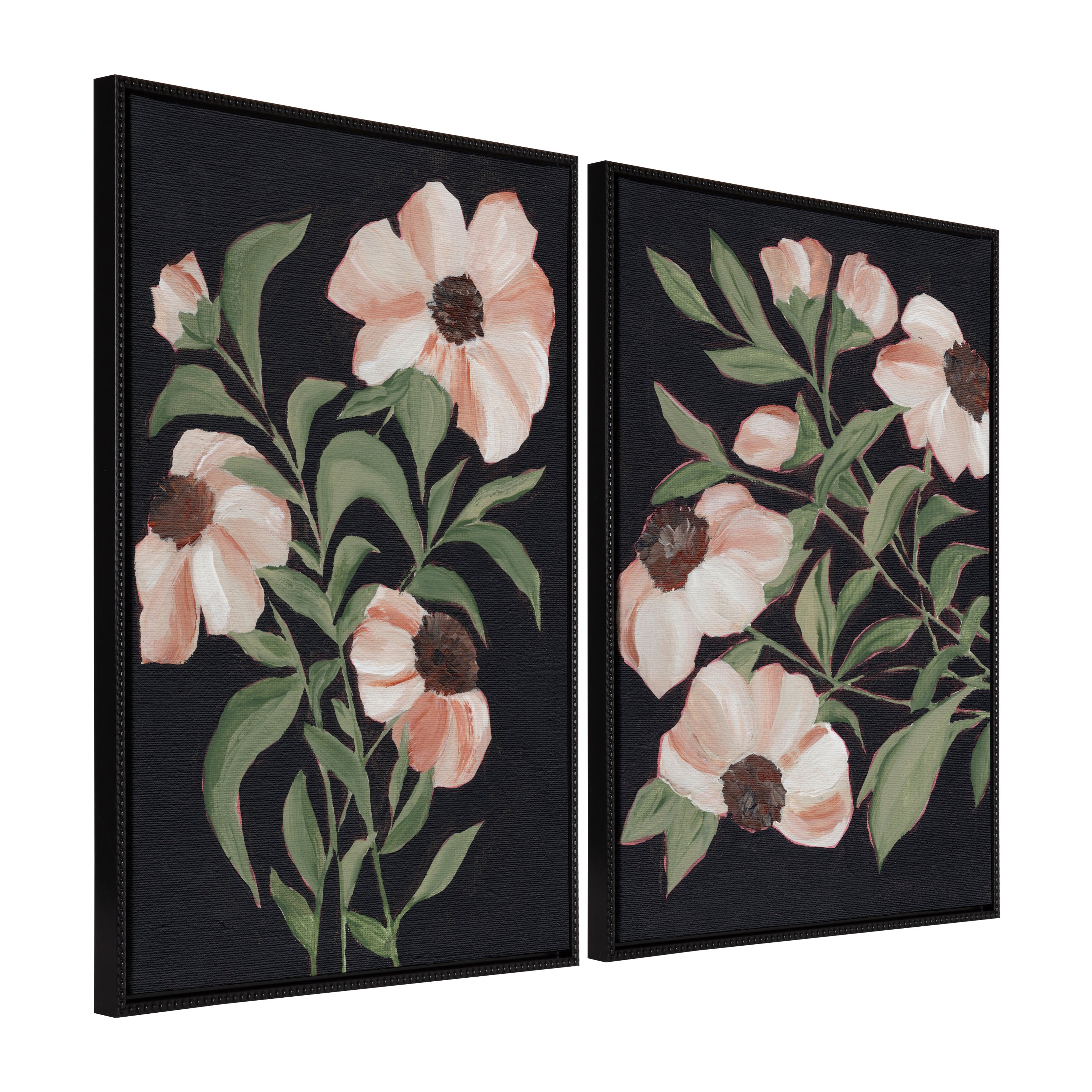 Sylvie Beaded Nocturnal Blossom framed canvas art set showing dark floral prints with vintage beaded frames