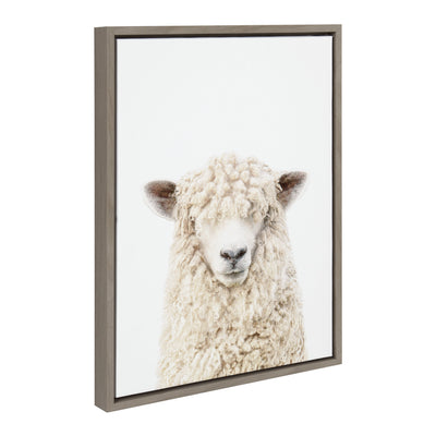 Sylvie Sheep Bangs portrait framed canvas art by Amy Peterson showing a sheep with bangs in a lightweight floating frame