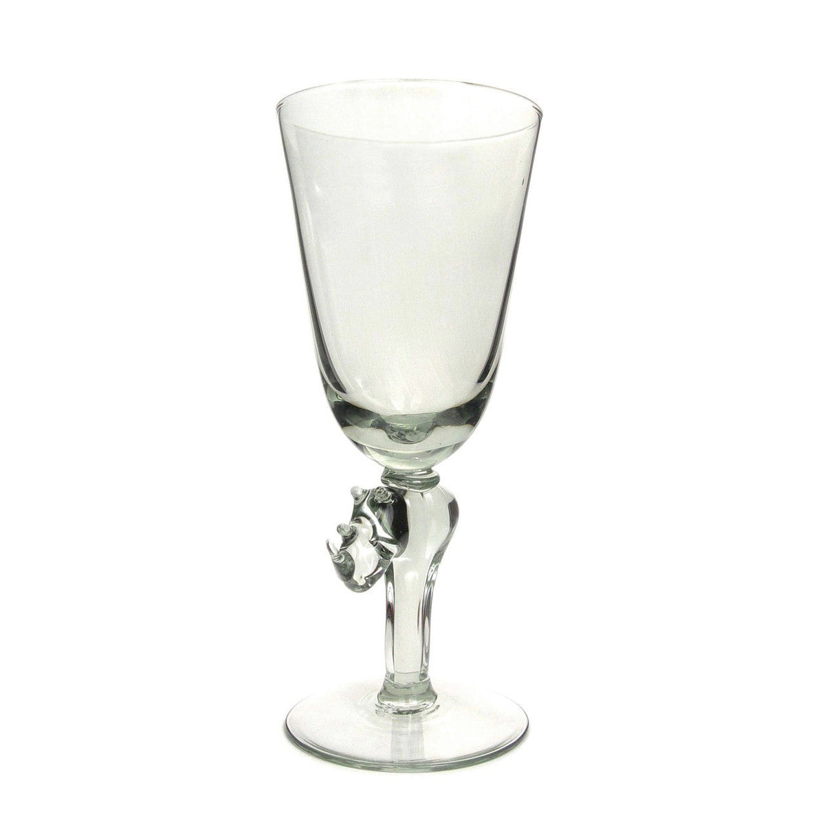 Clear glass wine glass with a stem shaped like a detailed rhinoceros, standing on a round flat base, against a plain white background.