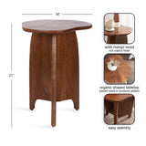 Small solid mango wood side table with organic-shaped sunburst pattern tabletop and three curved legs in a rich walnut finish, standing 21 inches tall and 16 inches wide.