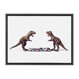 Two brown toy T-Rex dinosaurs face each other with six small vintage toy cars lined up between them on a white background, framed in dark wood.
