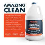 White gallon jug of Made Here Nickel Safe Ice Machine Cleaner with blue and orange label next to orange text block describing its safe, effective ice machine cleaning formula.