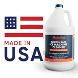 White gallon jug of Nickel Safe Ice Machine Cleaner with blue and orange label, alongside a stylized American flag and 'Made in USA' text.