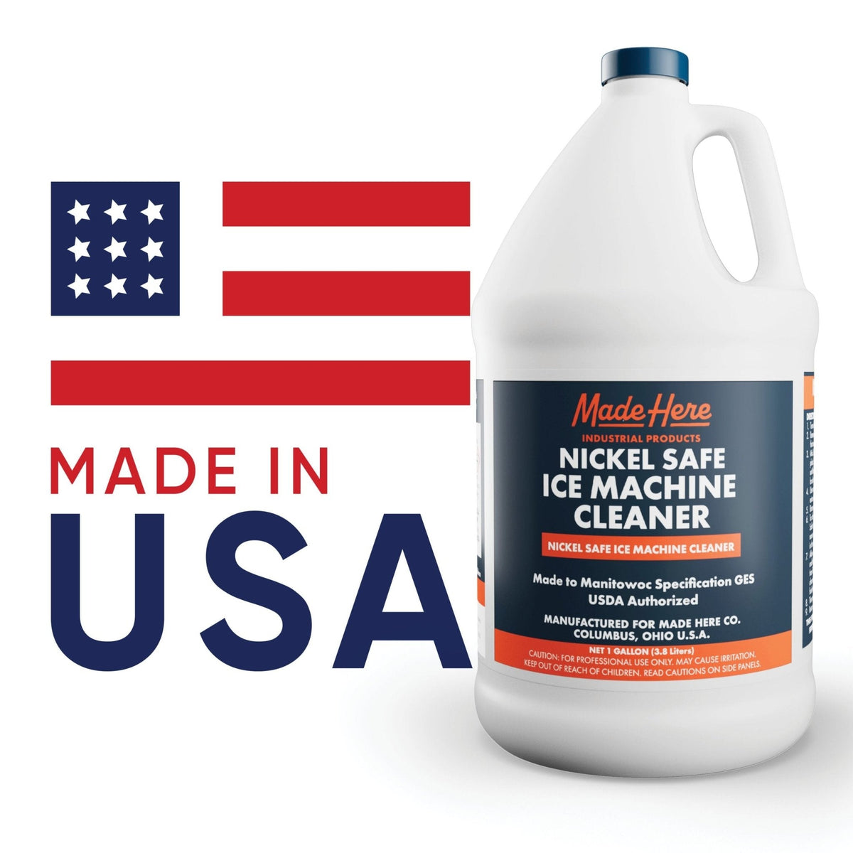 White gallon jug of Nickel Safe Ice Machine Cleaner with blue and orange label, alongside a stylized American flag and 'Made in USA' text.