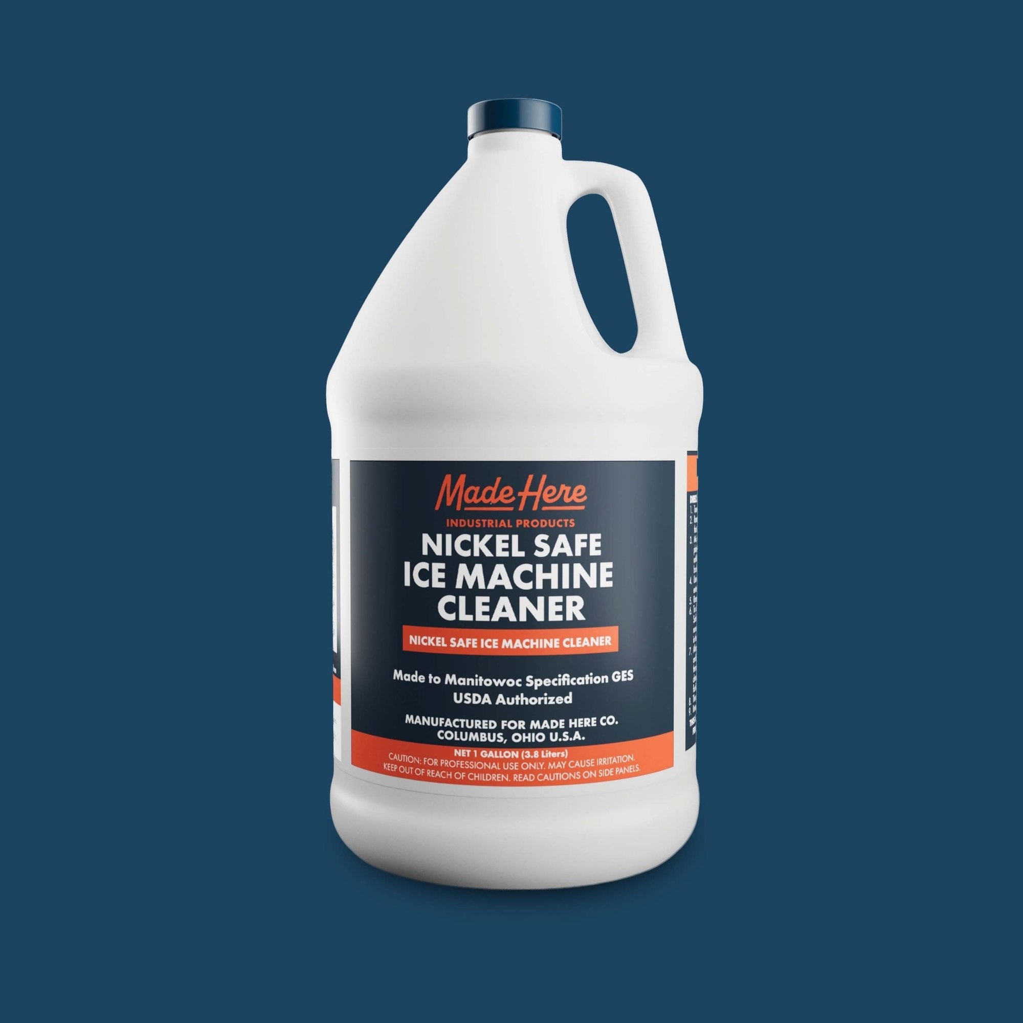 Bottle of Nickel Safe Ice Machine Cleaner next to an ice machine