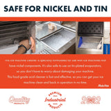 Collage showing a person cleaning a nickel component, an ice-filled industrial ice machine top, and an ice storage bin with a black lid, highlighting nickel-safe ice machine cleaner use.