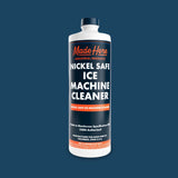 Tall white plastic bottle with blue and orange label reading Nickel Safe Ice Machine Cleaner by Made Here Industrial Products against a solid blue background