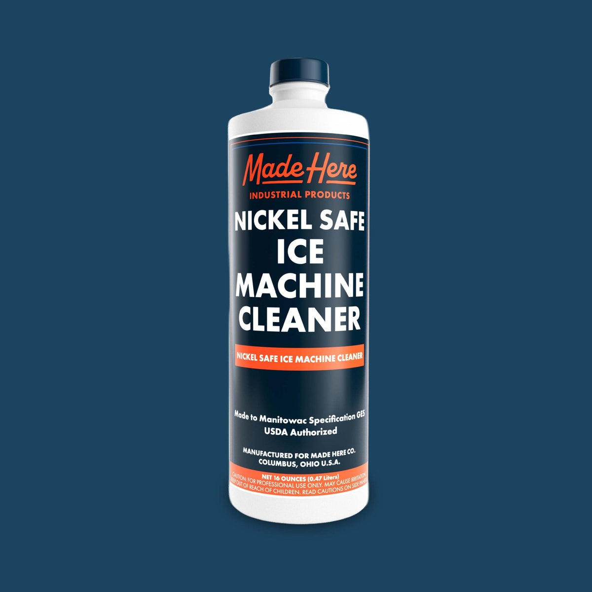 Tall white plastic bottle with blue and orange label reading Nickel Safe Ice Machine Cleaner by Made Here Industrial Products against a solid blue background
