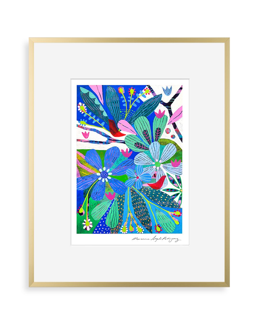 Bright colorful print with large blue, green, and purple abstract flowers and two small red birds, set against a white background with pink accents in a gold frame.