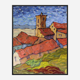 Impressionist-style painting of a village with orange rooftops, a central tower, green rolling hills in foreground, and a swirling blue sky background.