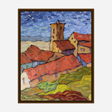 Expressionist painting of a village with red-tiled roofs and a central tower under a swirling blue sky, set against green and yellow rolling hills.