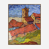Impressionist-style painting of a village with red-tiled roofs, a central tower, and a swirling blue sky, viewed from an elevated perspective.