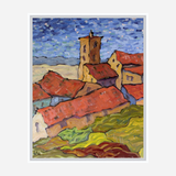 Impressionistic painting of an Italian village at dusk with terracotta rooftops, a central tall bell tower, and swirling blue and green sky and landscape brushstrokes.