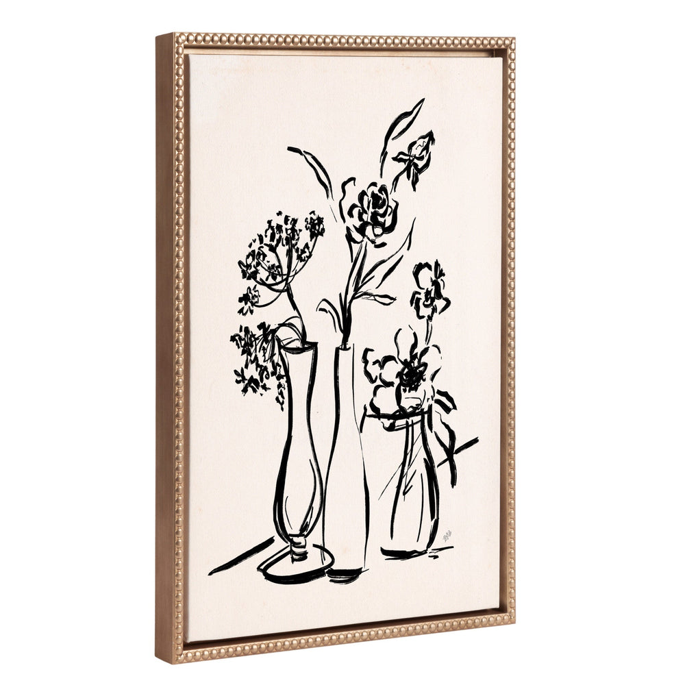 Sylvie Beaded LV Freshly Picked Floral 5 framed canvas showing black floral sketch on white background with gold vintage beaded frame