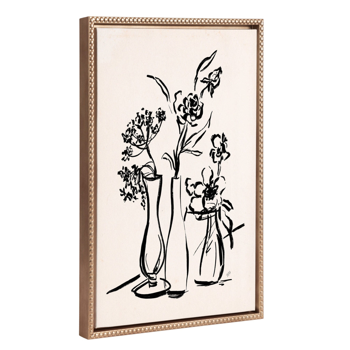 Sylvie Beaded LV Freshly Picked Floral 5 framed canvas showing black floral sketch on white background with gold vintage beaded frame
