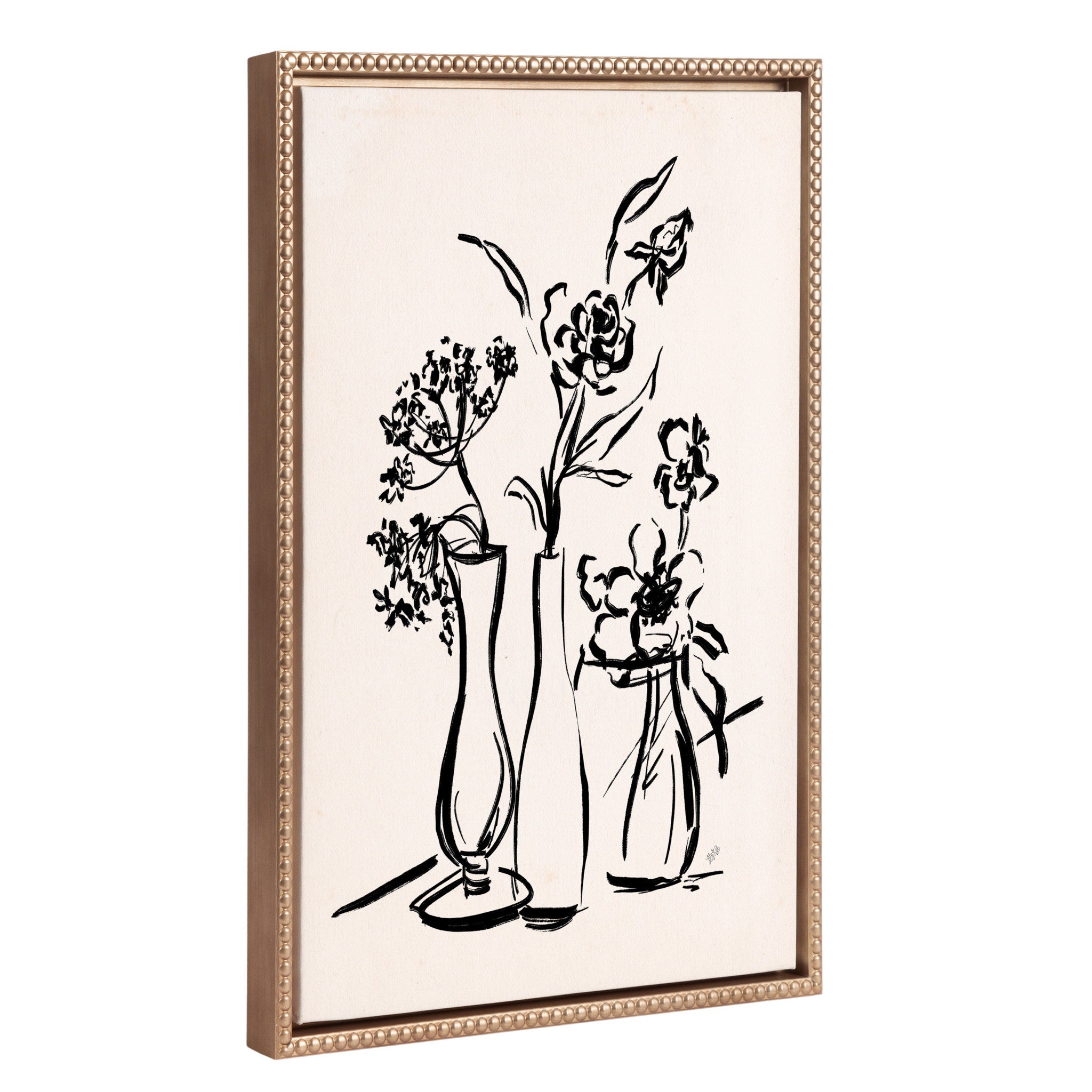 Sylvie Beaded LV Freshly Picked Floral 5 framed canvas showing black floral sketch on white background with gold vintage beaded frame