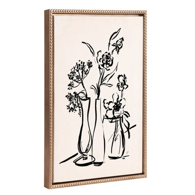 Sylvie Beaded LV Freshly Picked Floral 5 framed canvas showing black floral sketch on white background with gold vintage beaded frame