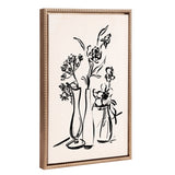 Black ink line drawing of five flowers in three vases on cream canvas, enclosed in a beaded light brown wooden frame, shown slightly angled.