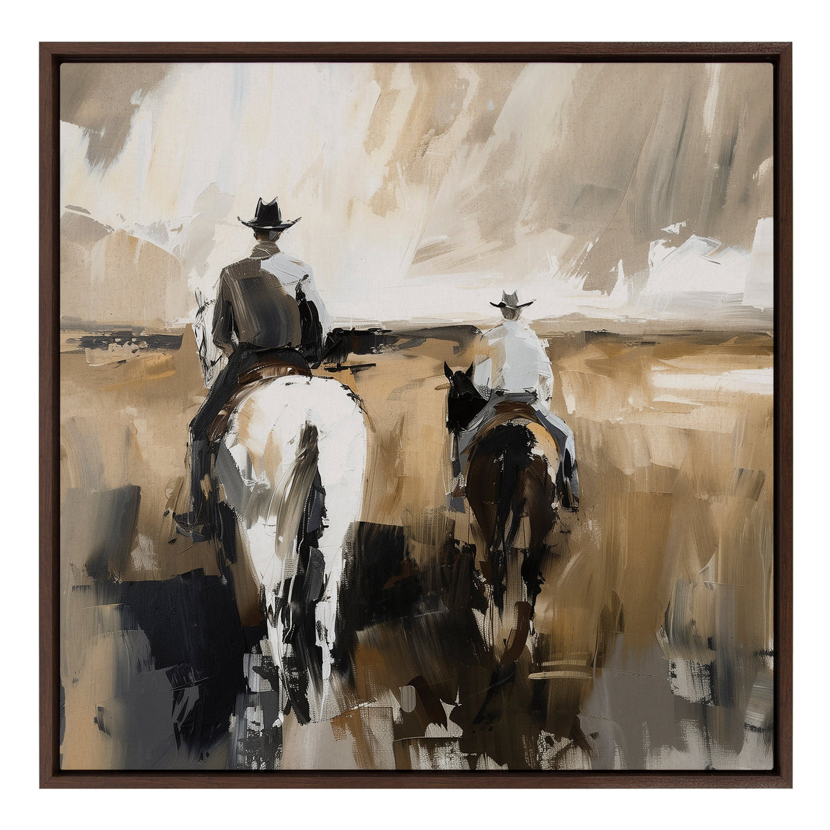 Abstract painting of two cowboys on horseback riding away across a muted brown and beige landscape with broad brushstrokes, framed in dark wood.
