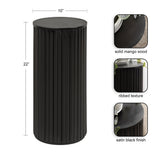Tall cylindrical side table in satin black finish with vertical ribbed texture and solid mango wood top, measuring 22 inches tall and 10 inches in diameter.