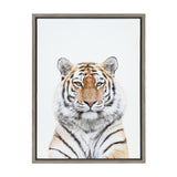 Centered portrait of a tiger with orange and black stripes against a plain white background, framed in a simple wood frame.