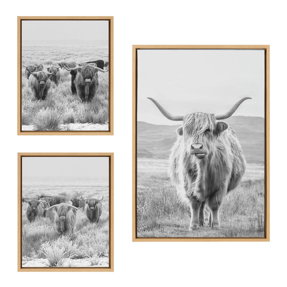 Three-piece framed black and white canvas art set featuring herds of Highland cows and mountain landscape by The Creative Bunch Studio