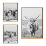 Three-piece framed black and white canvas art set featuring herds of Highland cows and mountain landscape by The Creative Bunch Studio
