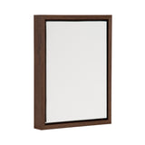 White blank canvas stretched over a rectangular wooden frame with dark brown edges, shown angled slightly to the right against a white background.