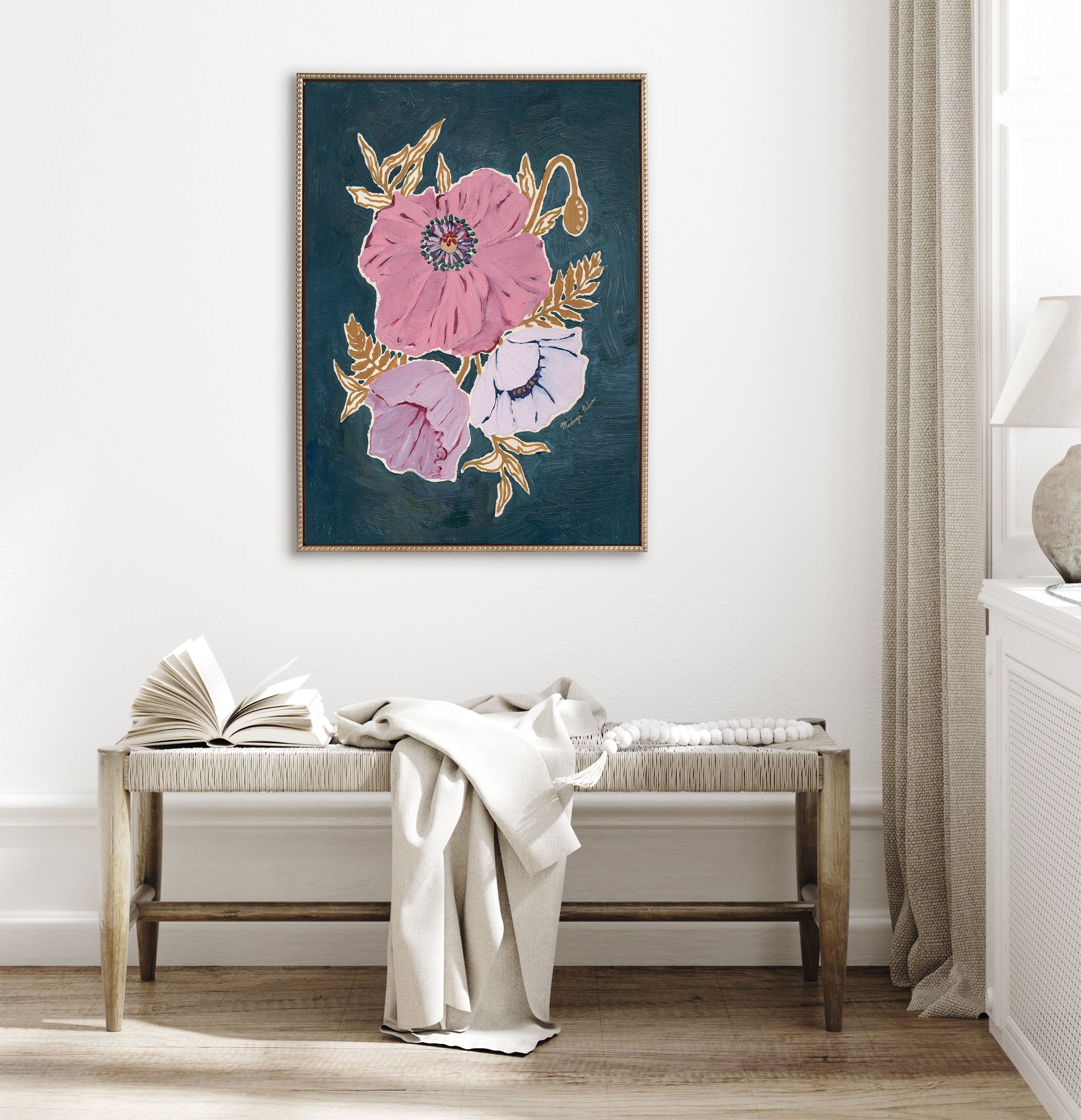 Sylvie Beaded Three Purple Poppies Framed Canvas by Mackenzie Nelson